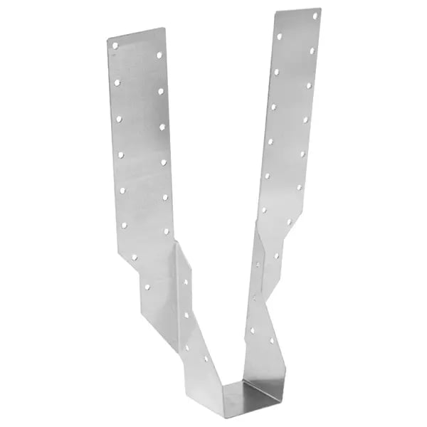 A metal joist hanger with multiple holes for fastening, designed to support beams in construction projects.