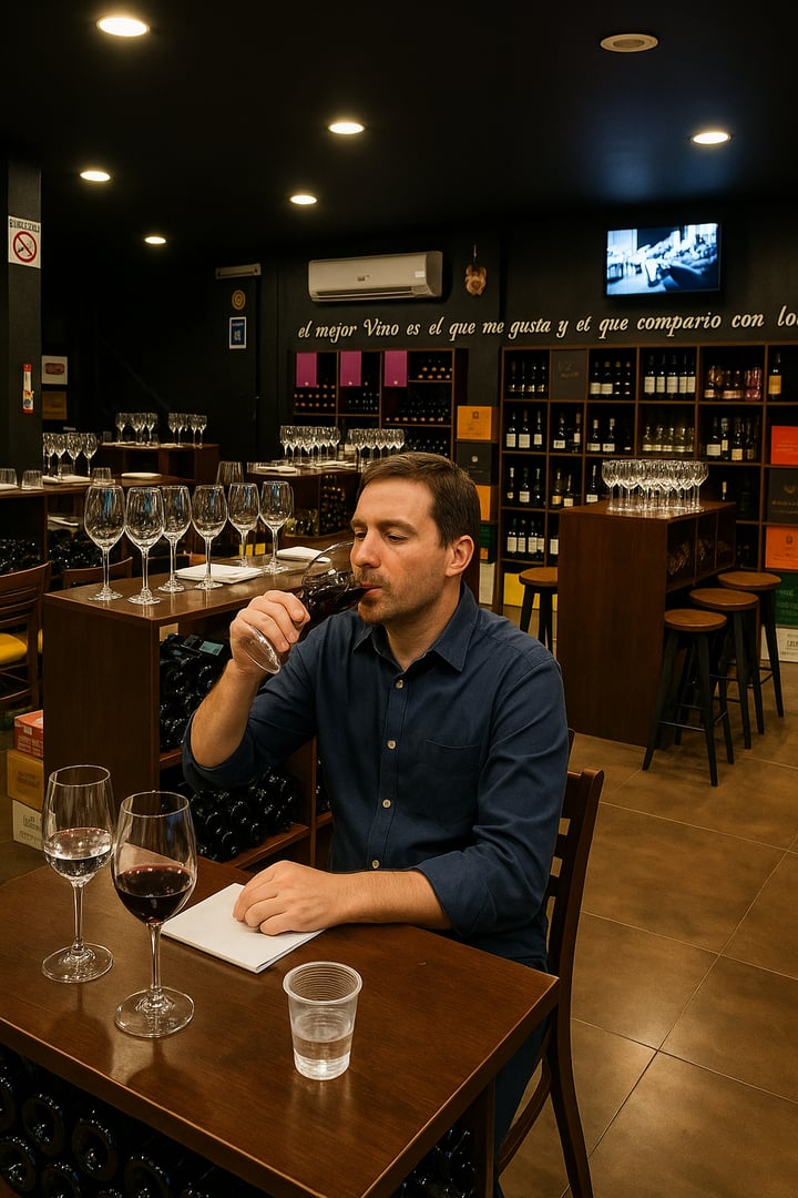 Man tasting red wine in a wine store, surrounded by wine glasses and bottles, seated at a wooden table.