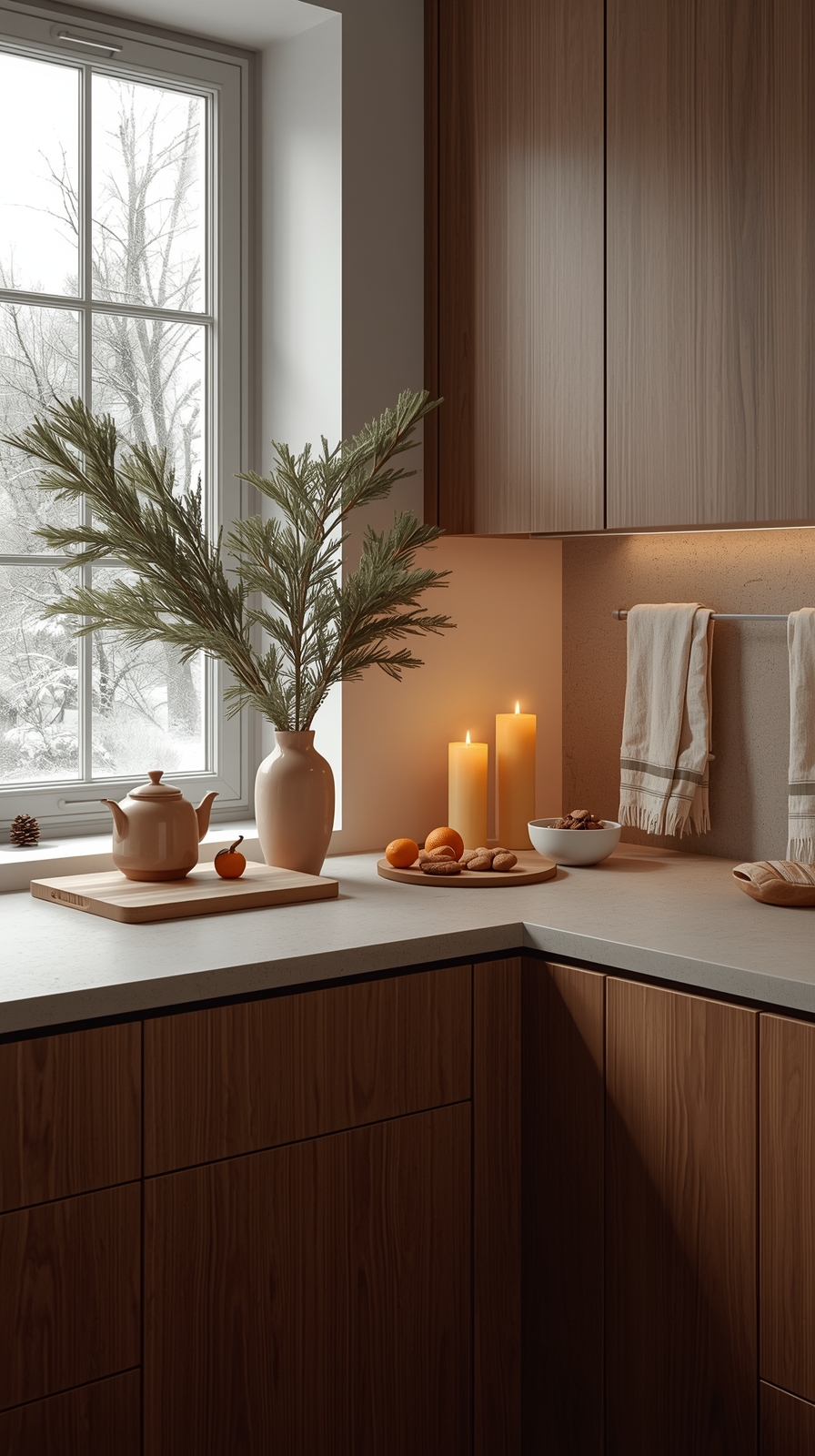 The kitchen is beautifully adorned for the holidays, featuring rustic wooden shelves, festive ornaments hanging from greenery, and a cheerful arrangement of seasonal decor on the counter.