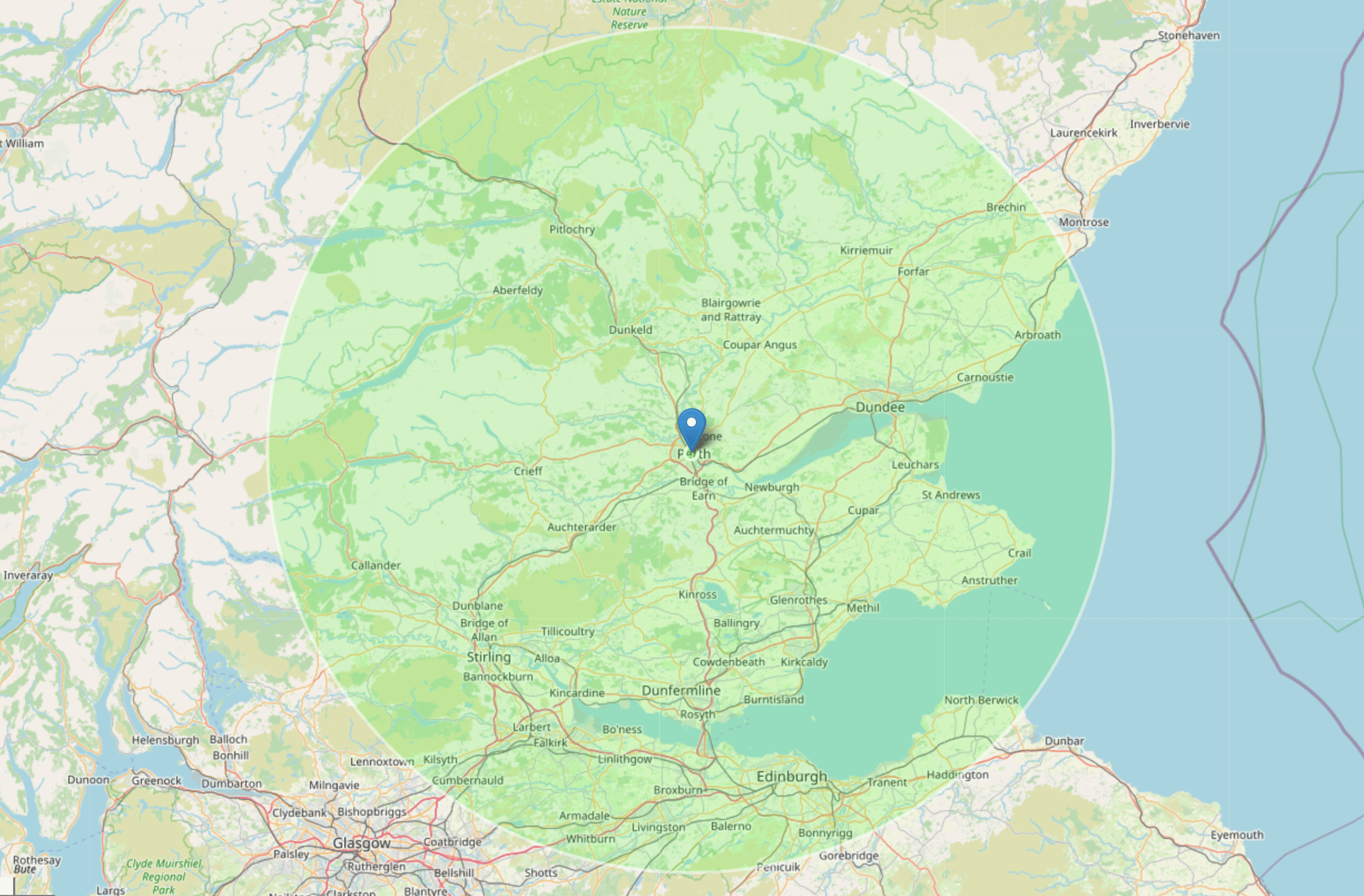 40-mile radius service area map centered on Perth, Scotland showing coverage from Dundee to Edinburgh