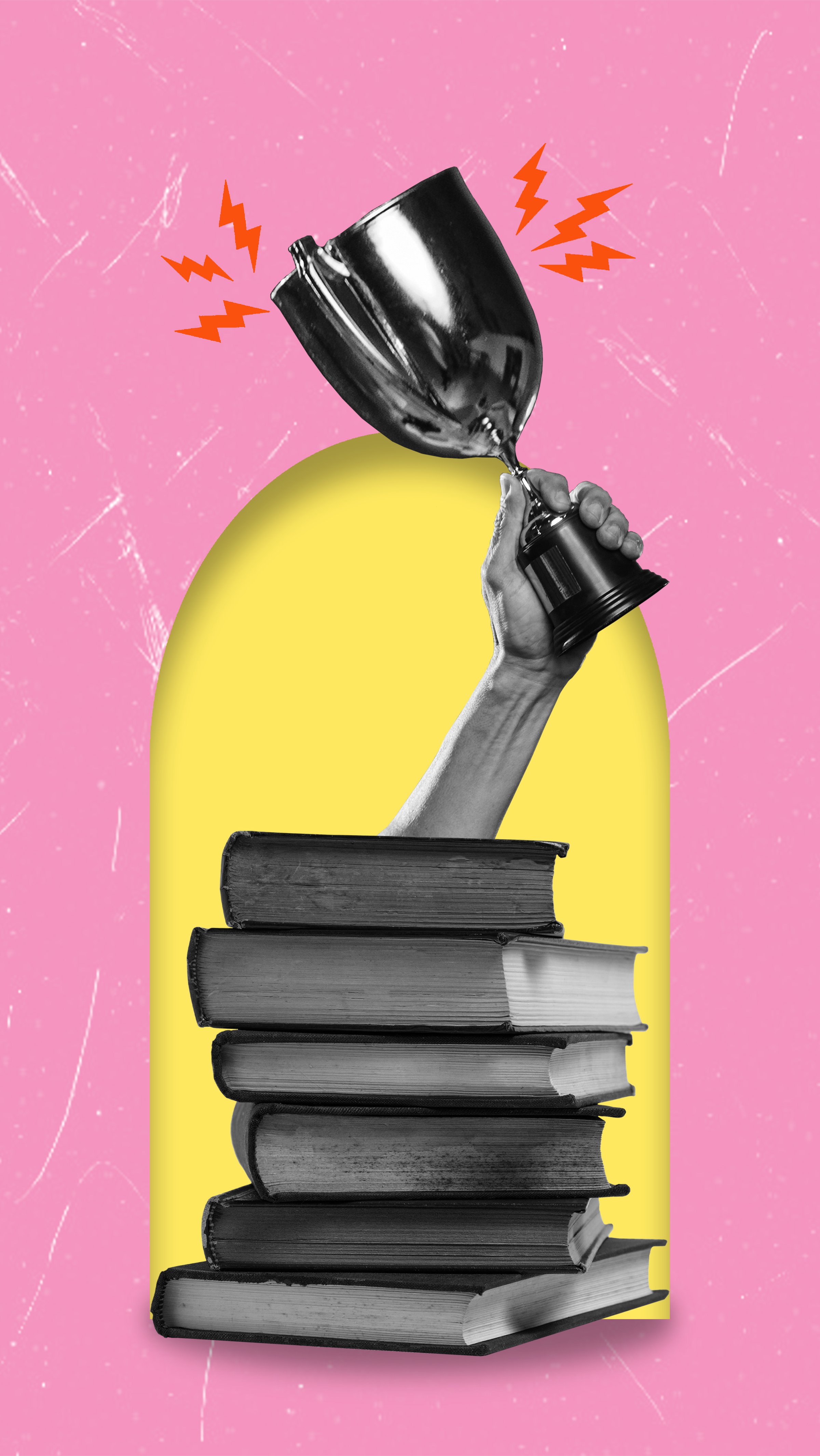 Modern art collage of a stack of books and a hand with a light bulb. Concept of winning, education and learning.