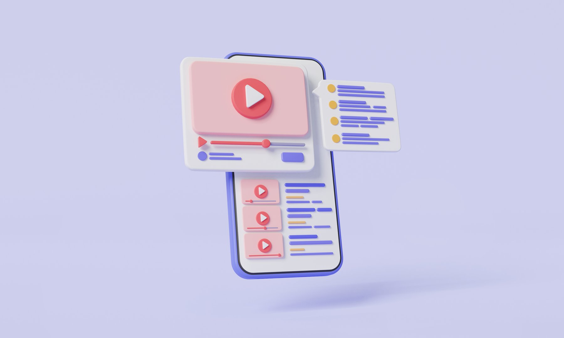 Playing video online with talk comment on mobile, Blogger channel, Video streaming, Live digital stream, Online video, Passive income, Influencer. Social media concept. 3d minimal render illustration