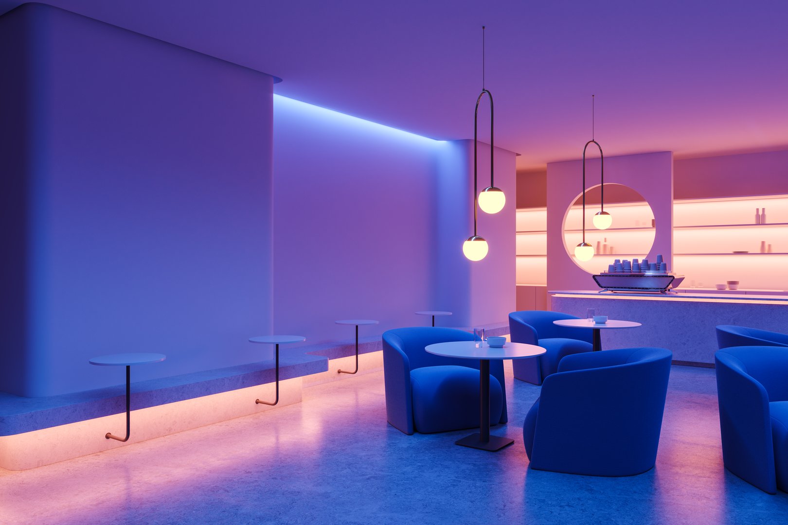 Corner view of luxury neon bar interior with counter and coffee cups, eating space with tables mounted in row and soft armchairs on concrete floor. 3D rendering