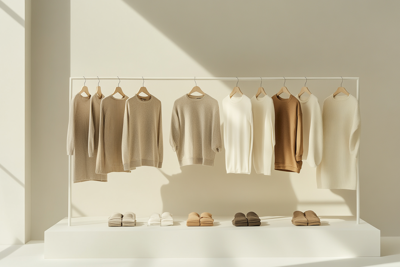 Neutral-toned sweaters on hangers with matching slippers below in a minimalist display against a light-colored background.