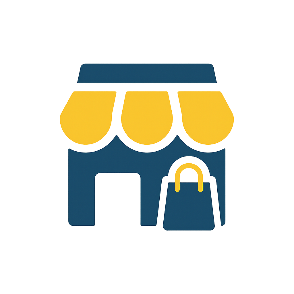Icon of a blue store with a yellow awning and a shopping bag, glowing against a dark background.