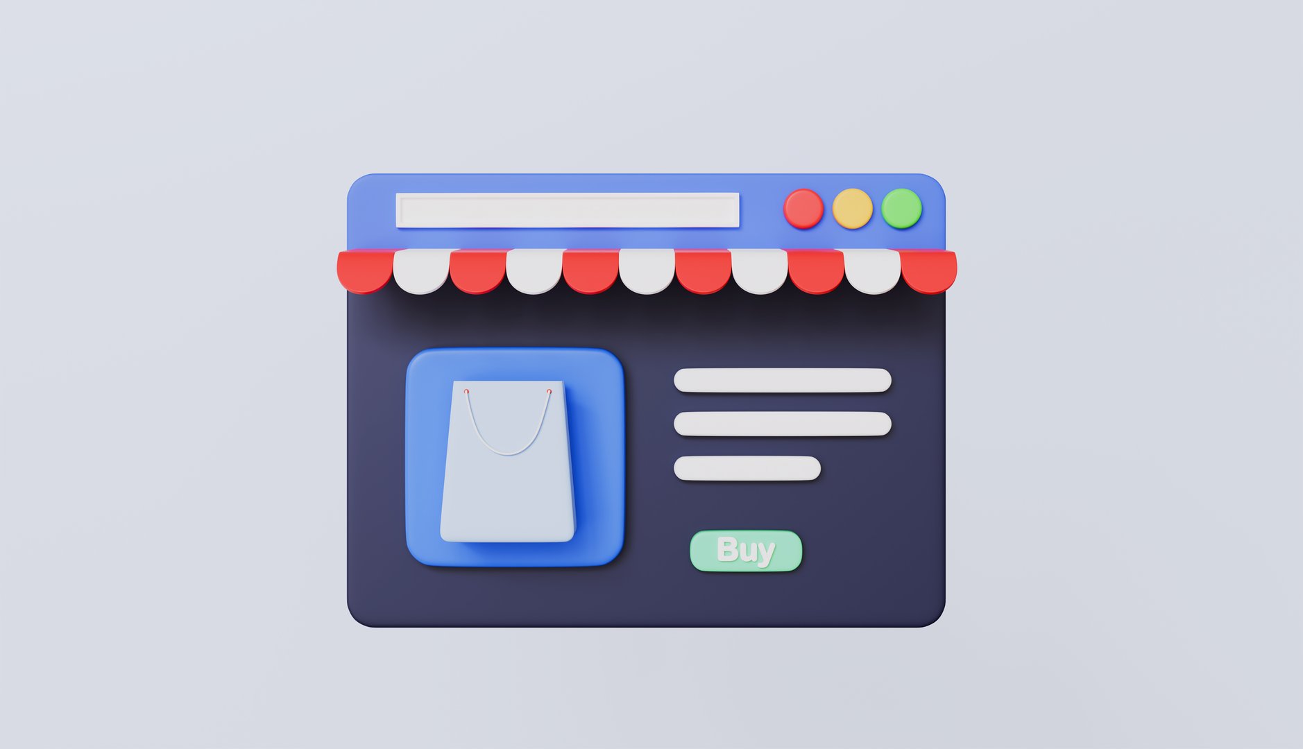 Storefront browser with product screen, e-commerce store, digital shopping, online shopping concept 3d illustration