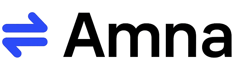 Logo with a blue arrow pointing right before the word Amna in black letters.