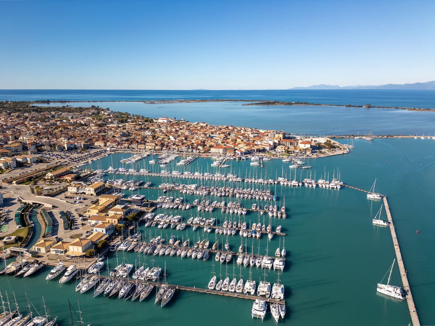 This aerial drone photo shows Lefkada, an island in western Greece. Here you can see the city center with the large marina.
