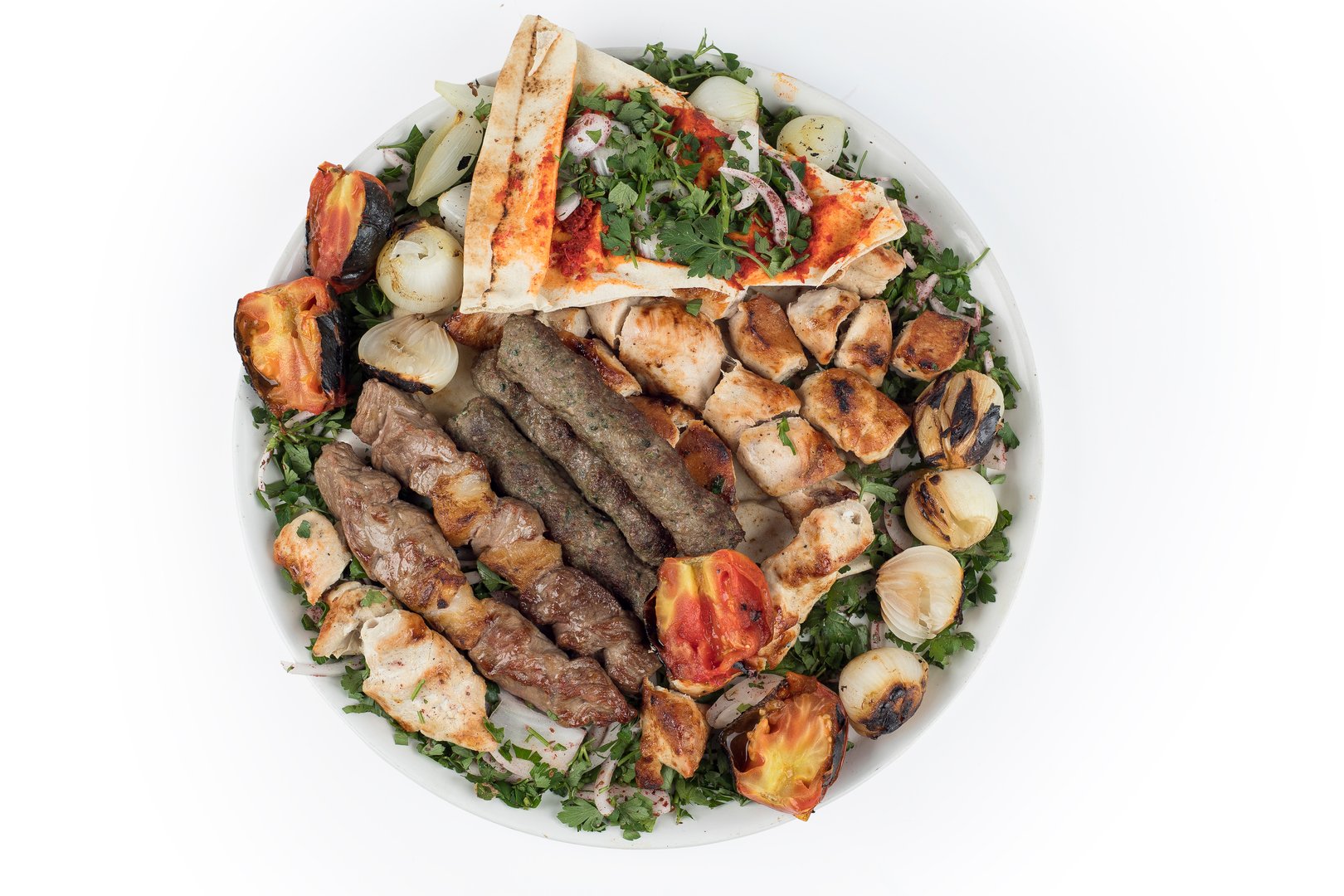 Lebanese Mixed Grill plate isolated on white, Clipping path included