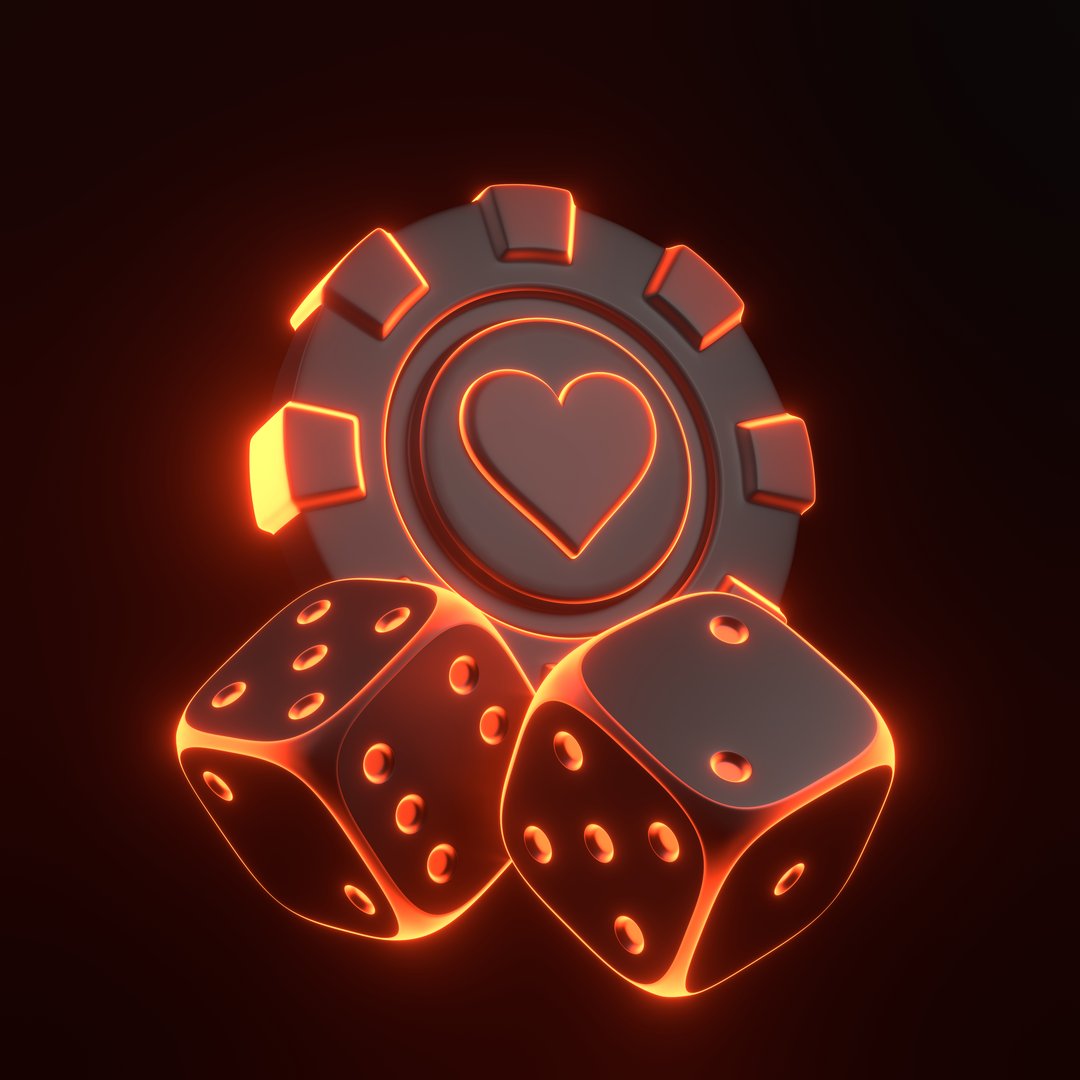Casino chips, aces cards symbols and gambling dices with futuristic neon red lights on a black background. Poker, blackjack, baccarat game concept. Heart icon. 3D render illustration