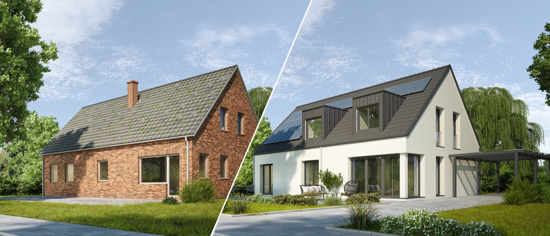3d rendering of an old and a renovated house