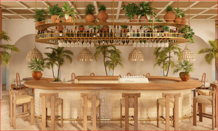 A stylish bar with a curved counter, wooden stools, hanging lights, and lush green plants in terracotta pots.