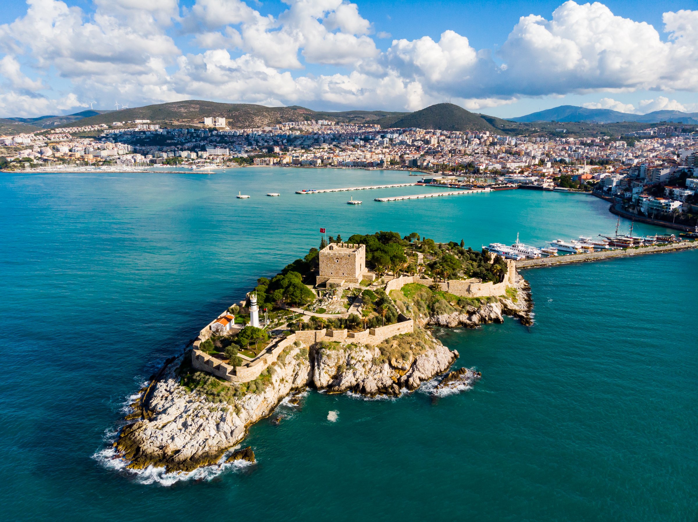 Pigeon Island with a Pirate castle. Kusadasi harbor; Aegean coast of Turkey.