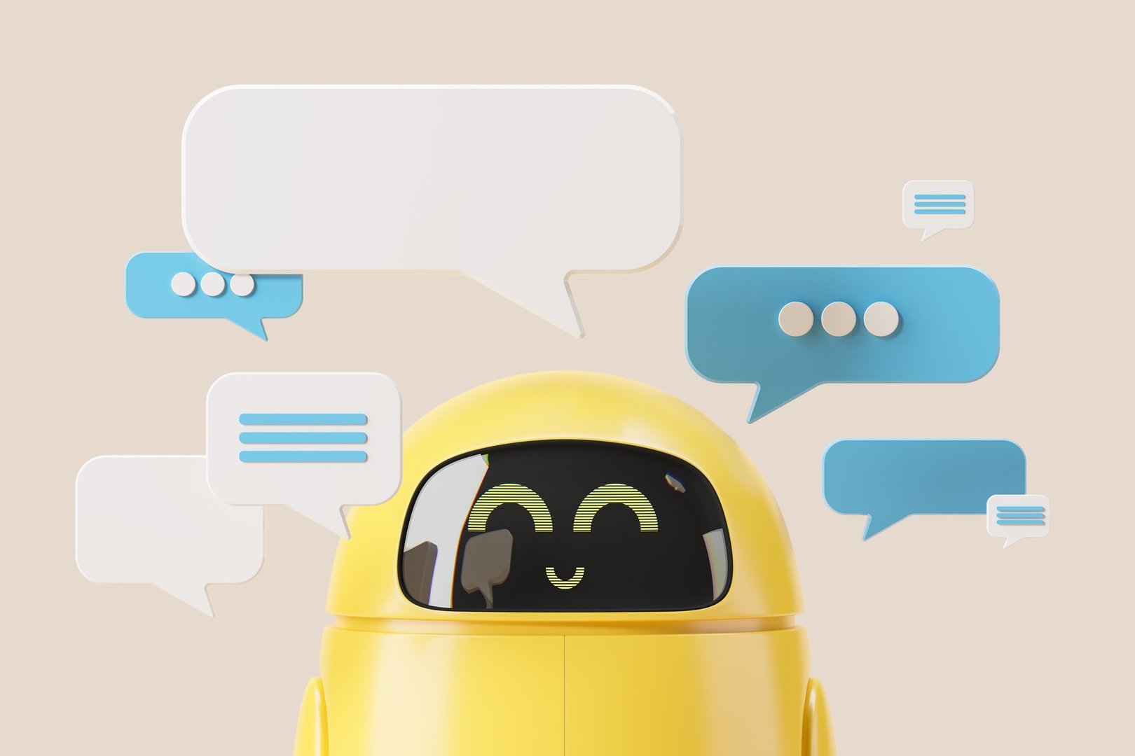 3d rendering. Smiling chatbot and mockup empty bubbles, text messages with answers. Artificial intelligence helping human to generate ideas and create. Concept of AI and communication illustration