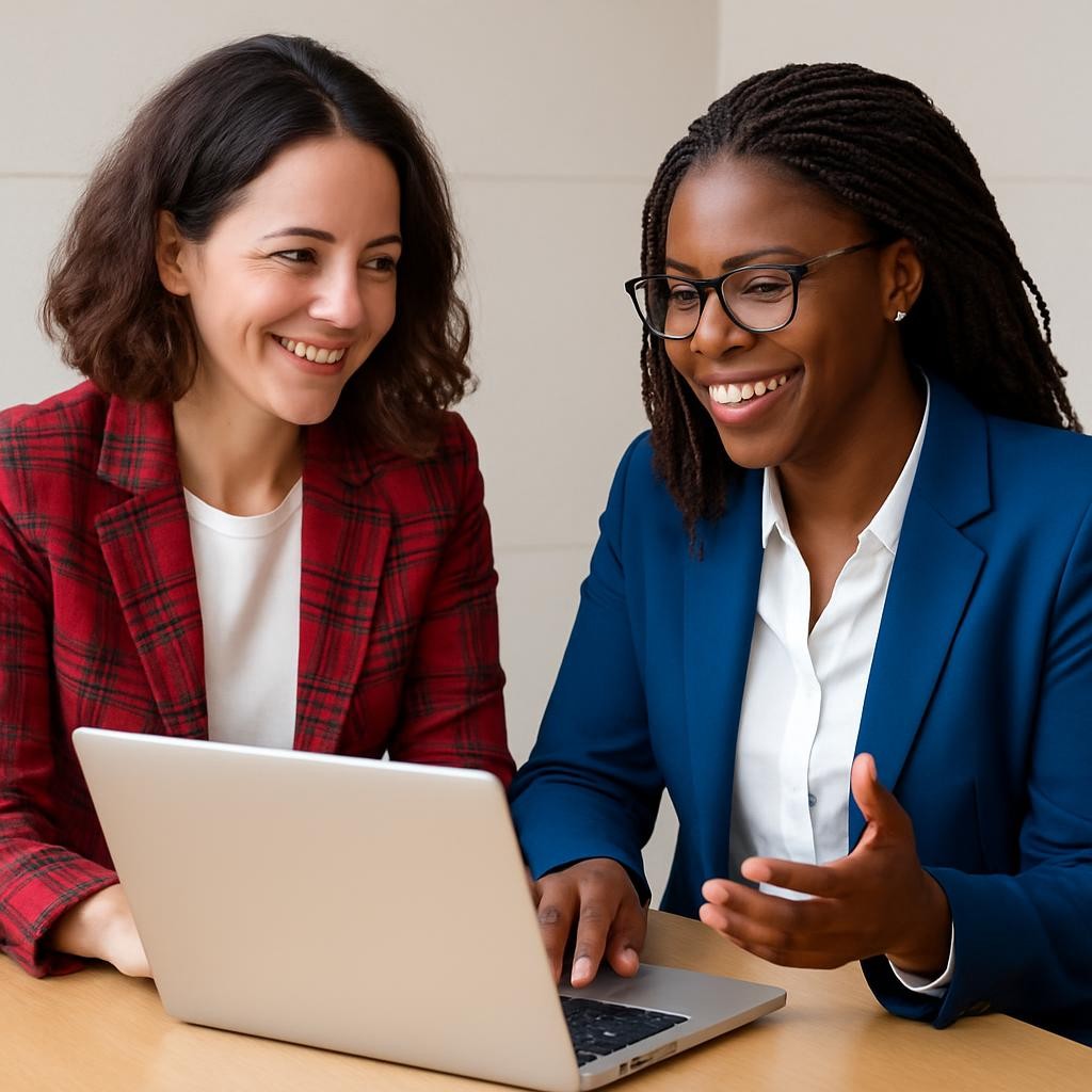 AI-enabled learning design consultation - manager providing one-on-one coaching to new hire on laptop for faster time-to-productivity