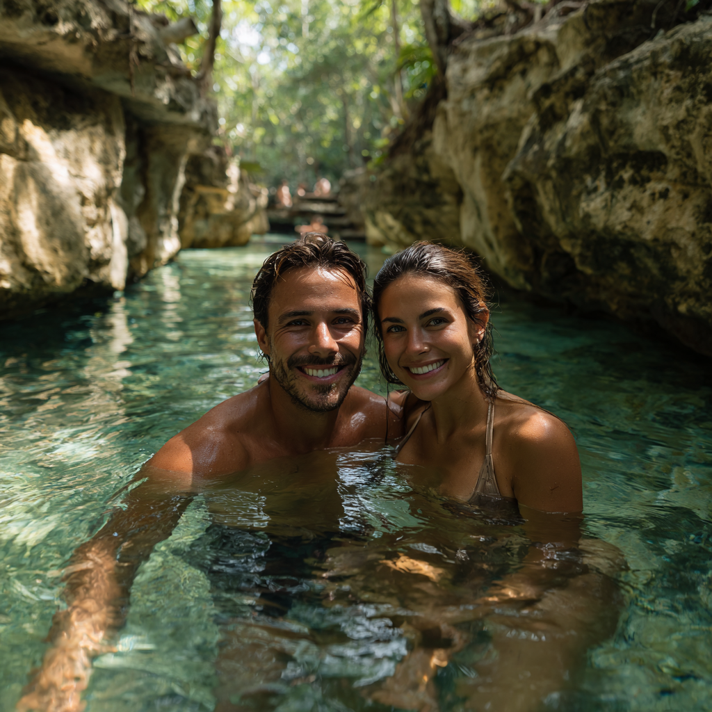 Couple swimming and smiling in cenotes