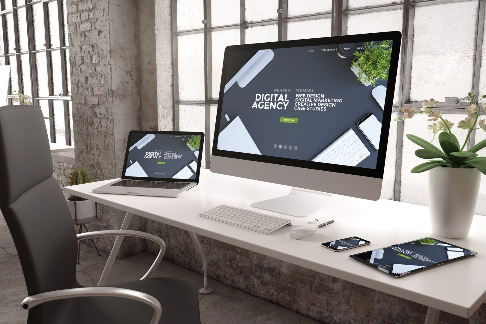 3d rendering of industrial office with devices showing digital agency website
