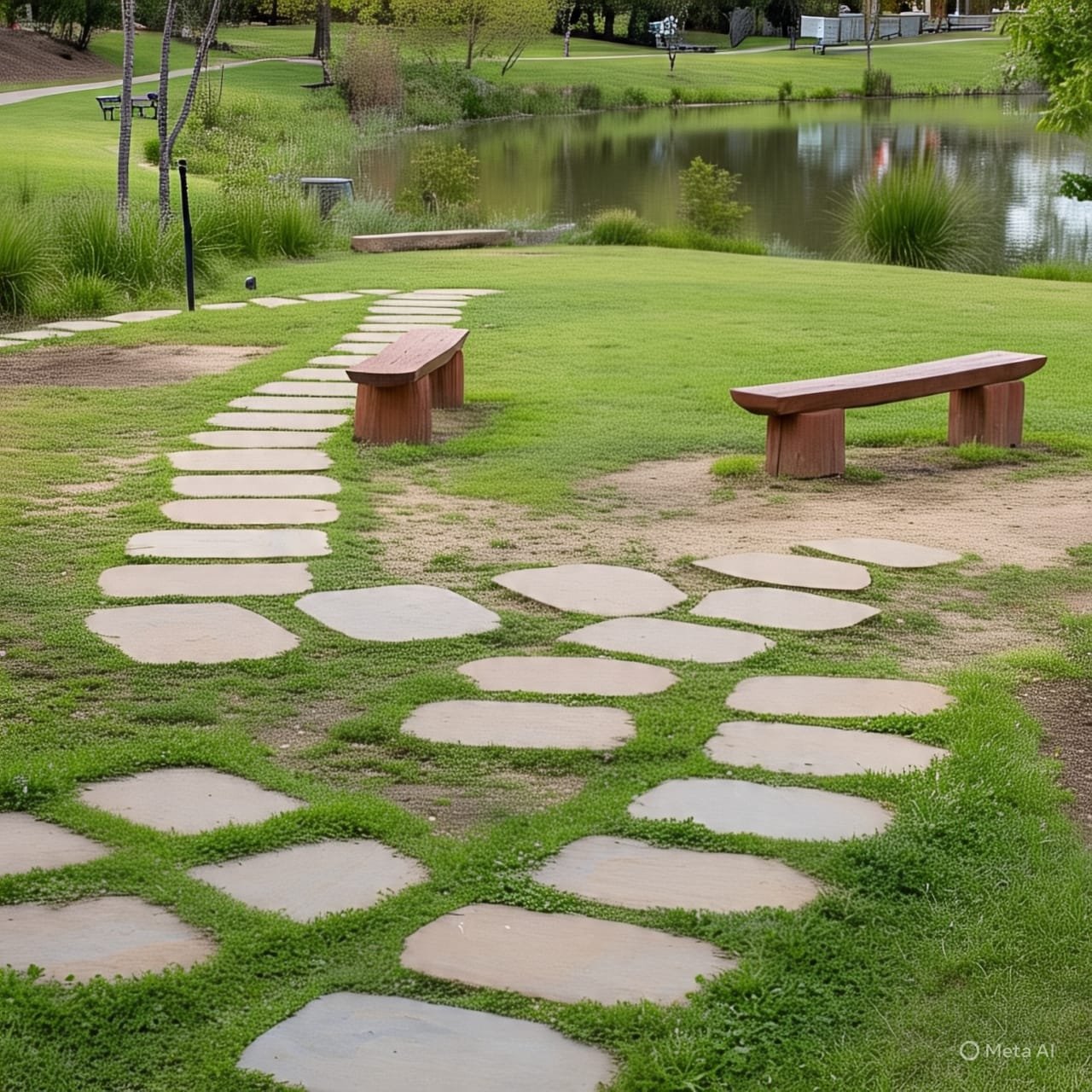 Stone path with wooden benches leading to a pond surrounded by grass and trees in a park setting.