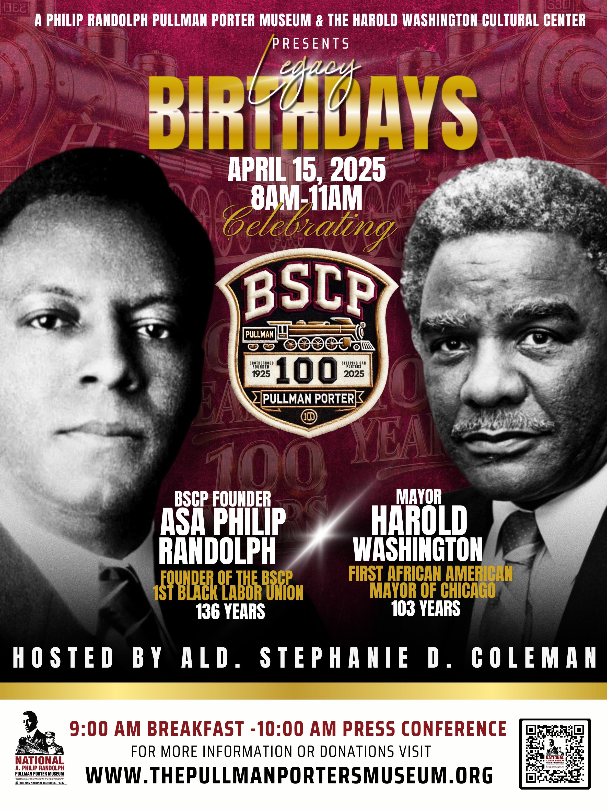 Poster for Legacy Birthdays event on April 15, 2025, honoring Asa Philip Randolph and Harold Washington.