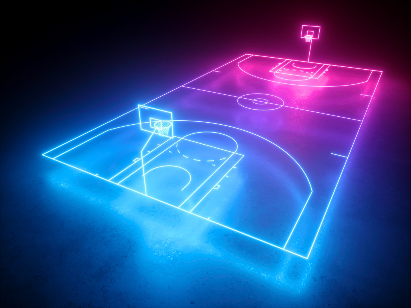 3d render, neon basketball field scheme, virtual sport playground, sportive game, pink blue glowing line. Isolated on black background.