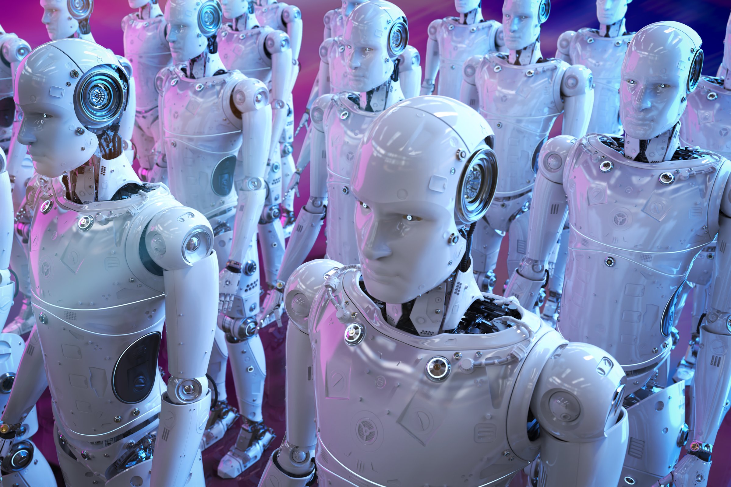 3d rendering group of humanoid robots or ai cyborg