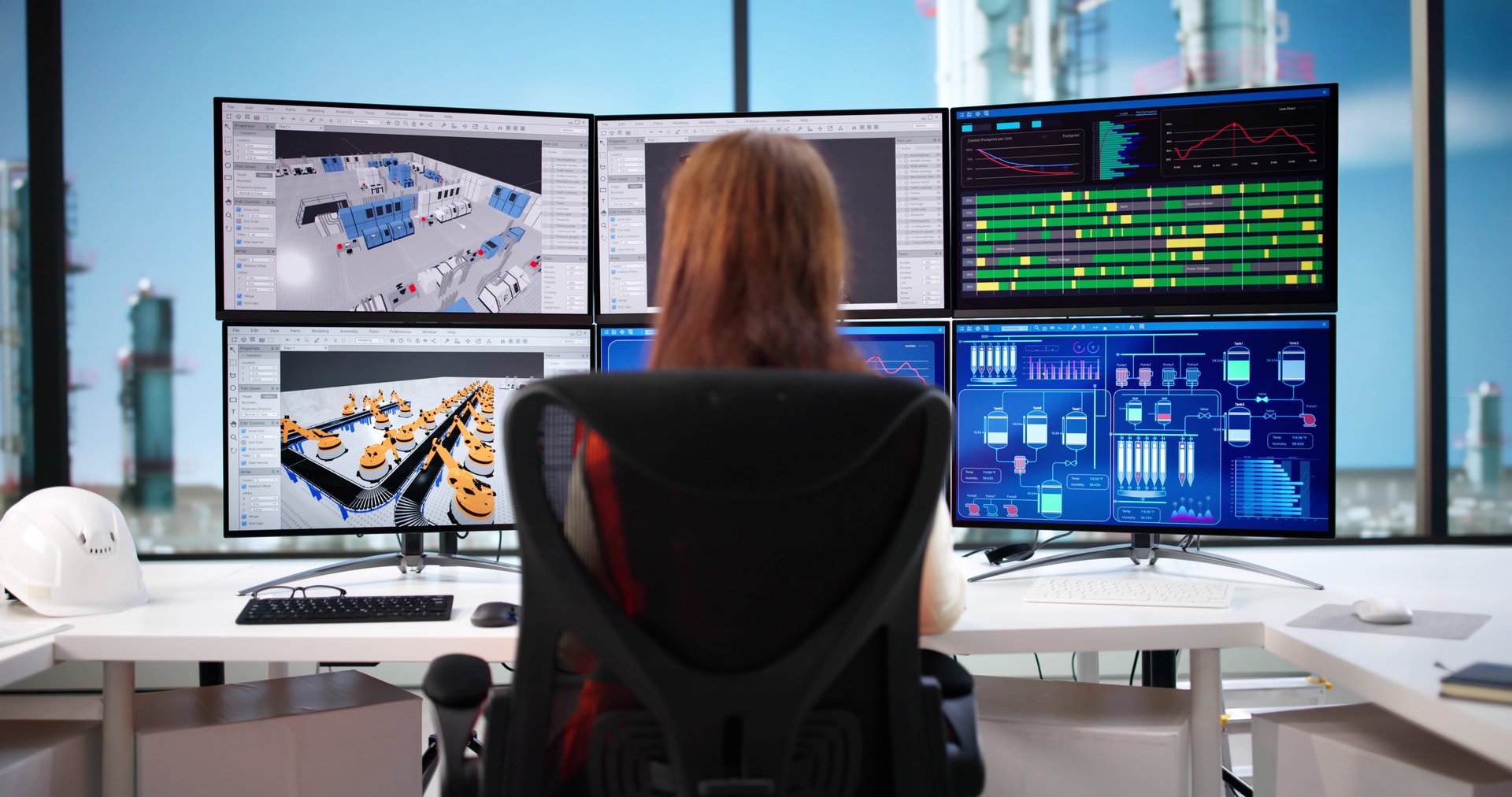 Young Female Engineer Designs Factory Floor Plan In 3D CAD.