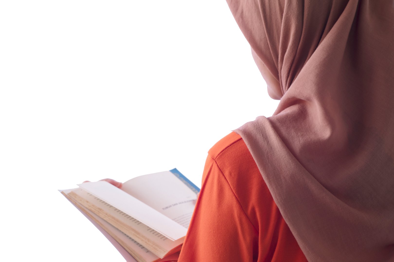 closeup moslem women reading a book isolated on white