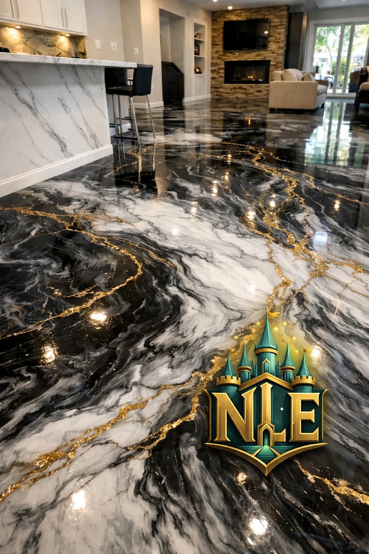 Elegant black, gold, and white marble epoxy living room floor