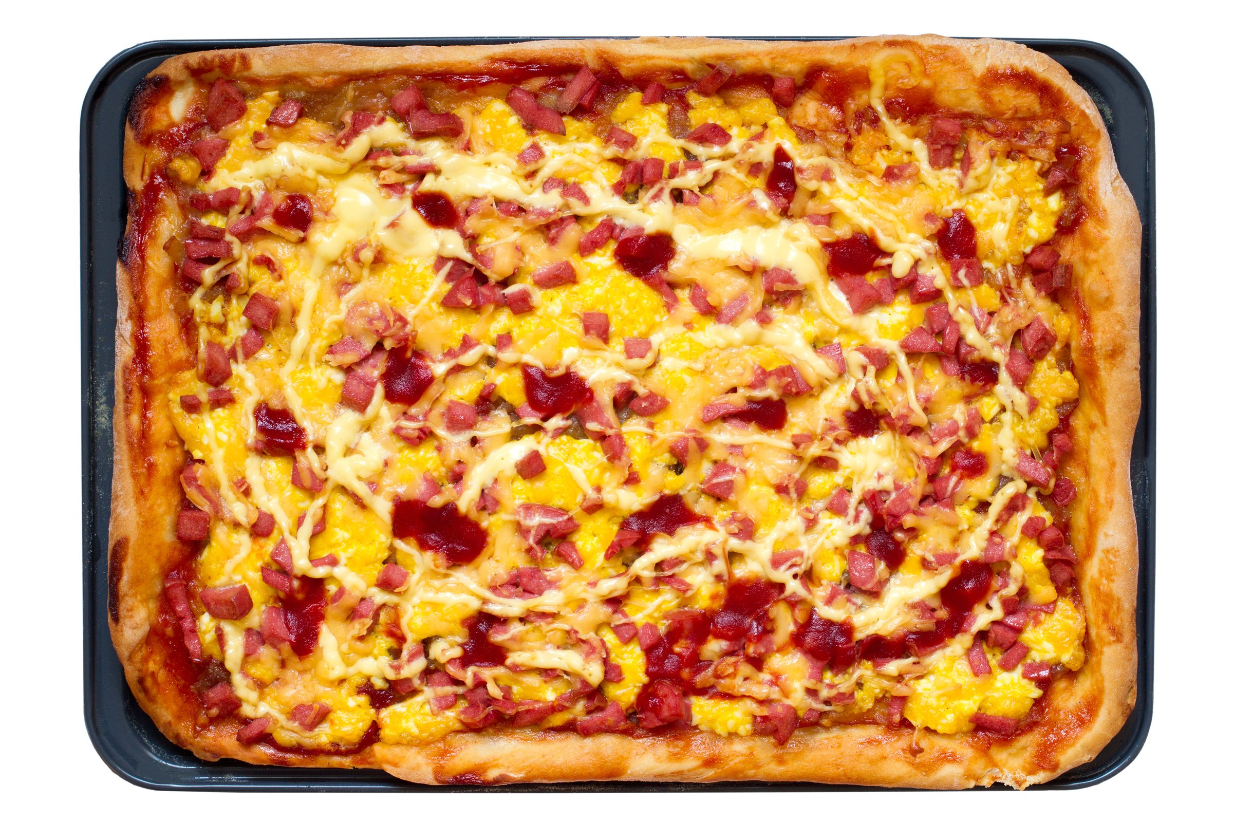 Rectangular homemade pizza top view. Fresh homemade pizza with cheese and sausage.