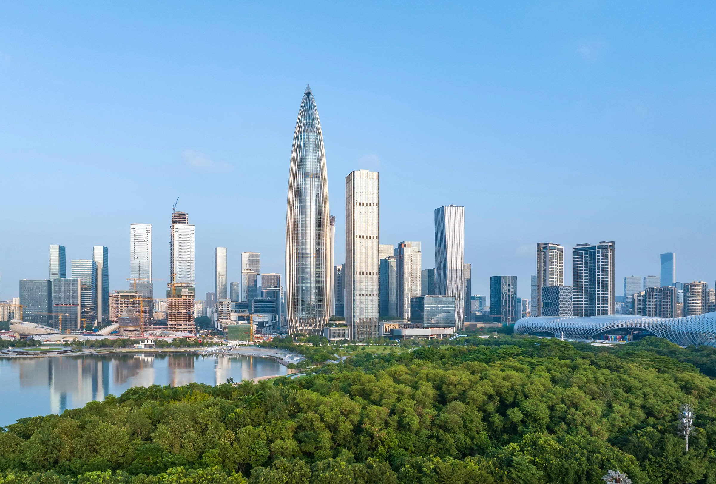 Park in city of Shenzhen China,beautiful mix of green trees combined with buildings, modern architecture