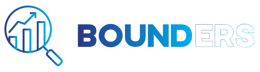 Logo with a magnifying glass over a bar chart and the word Bounders in gradient blue lettering.