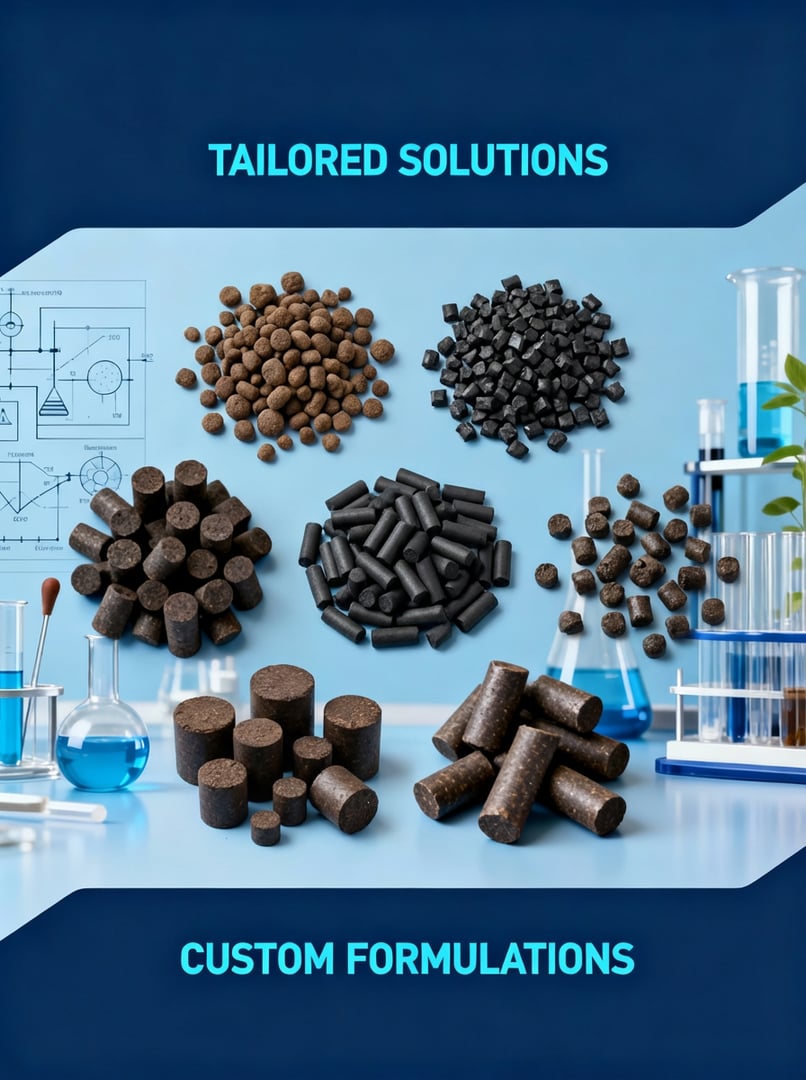 Pellet variations scientific demonstration showing different biochar pellet sizes and forms