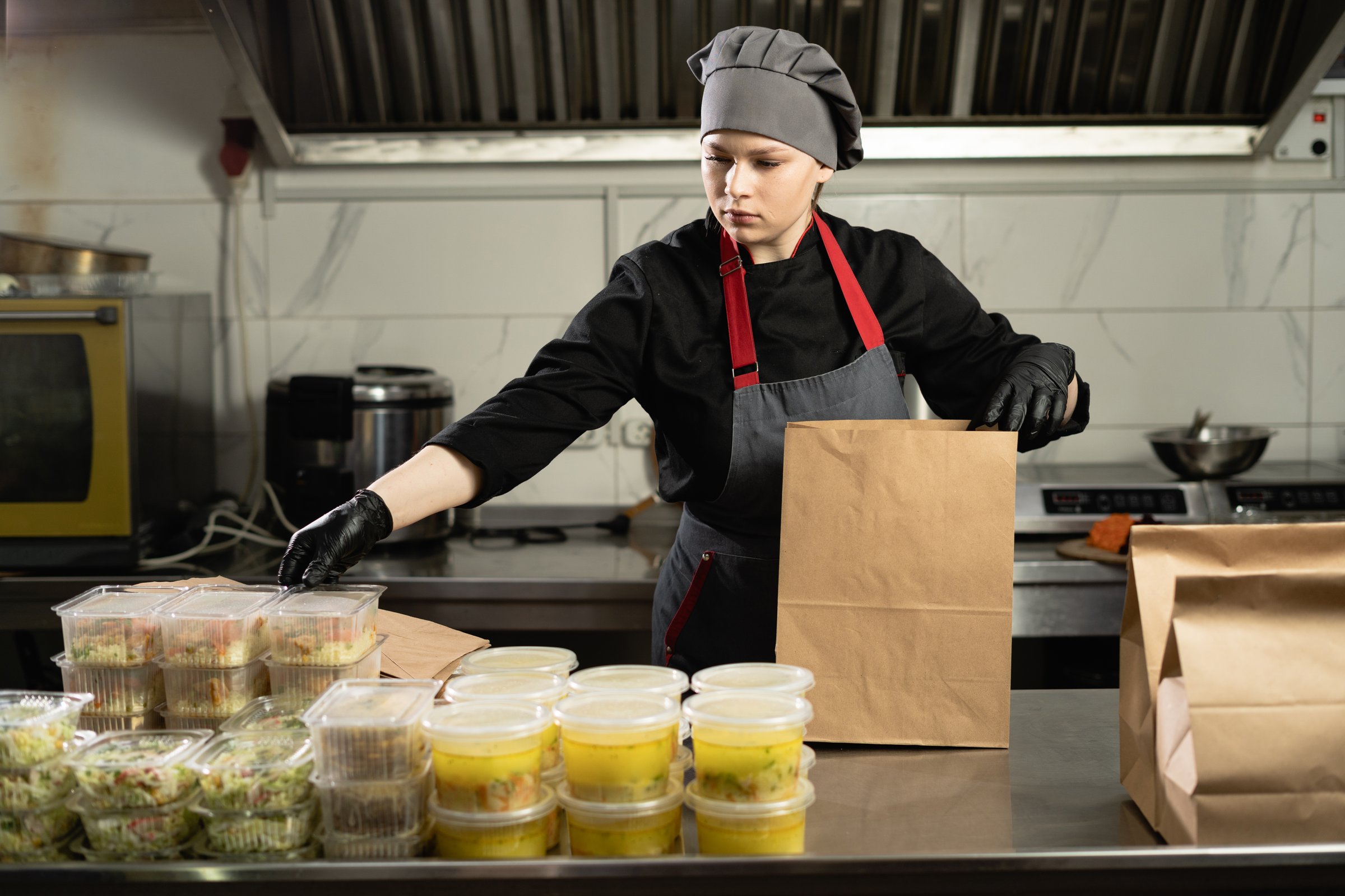 caucasian woman wearing an apron and gloves puts disposable plastic food containers into a disposable paper bag for delivery during a working day in a commercial kitchen. Small business takeaway