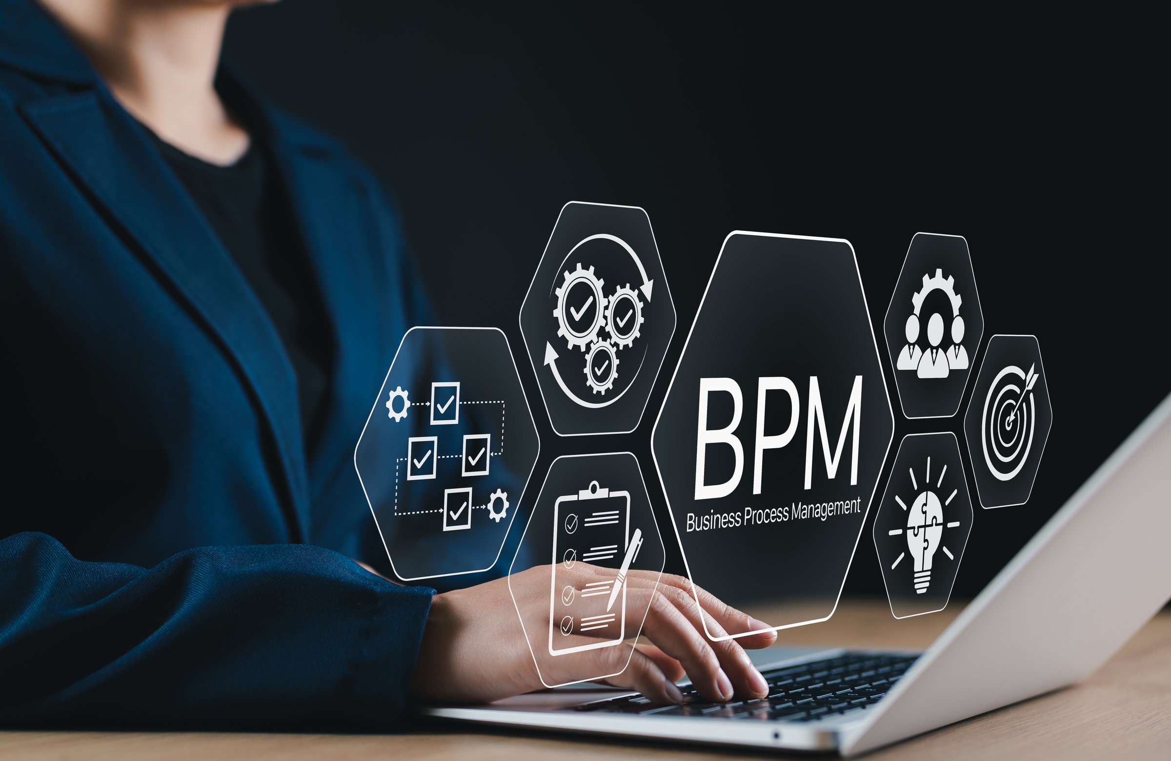 BPM, Business Process Management Strategy Concept. Businessperson working on laptop with BPM technology icons, symbolizing workflow optimization, operations control, efficiency, process improvement,