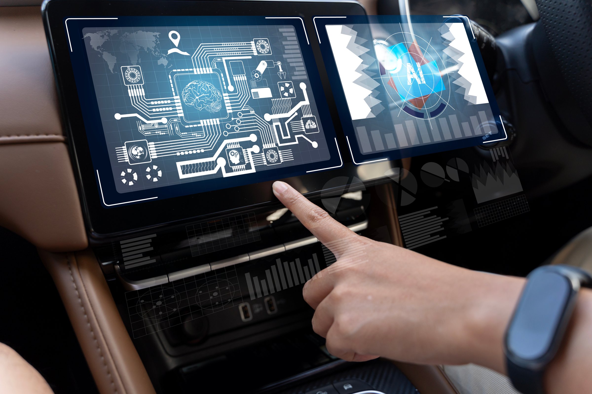 Futuristic vehicle and graphical user interface(GUI). intelligent car. connected car. Internet of Things. Heads up display(HUD). Transportation and vehicle concept - man using car control panel.