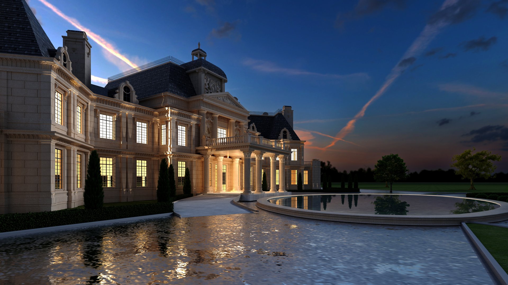 High-quality 3D render of modern building exteriors at night