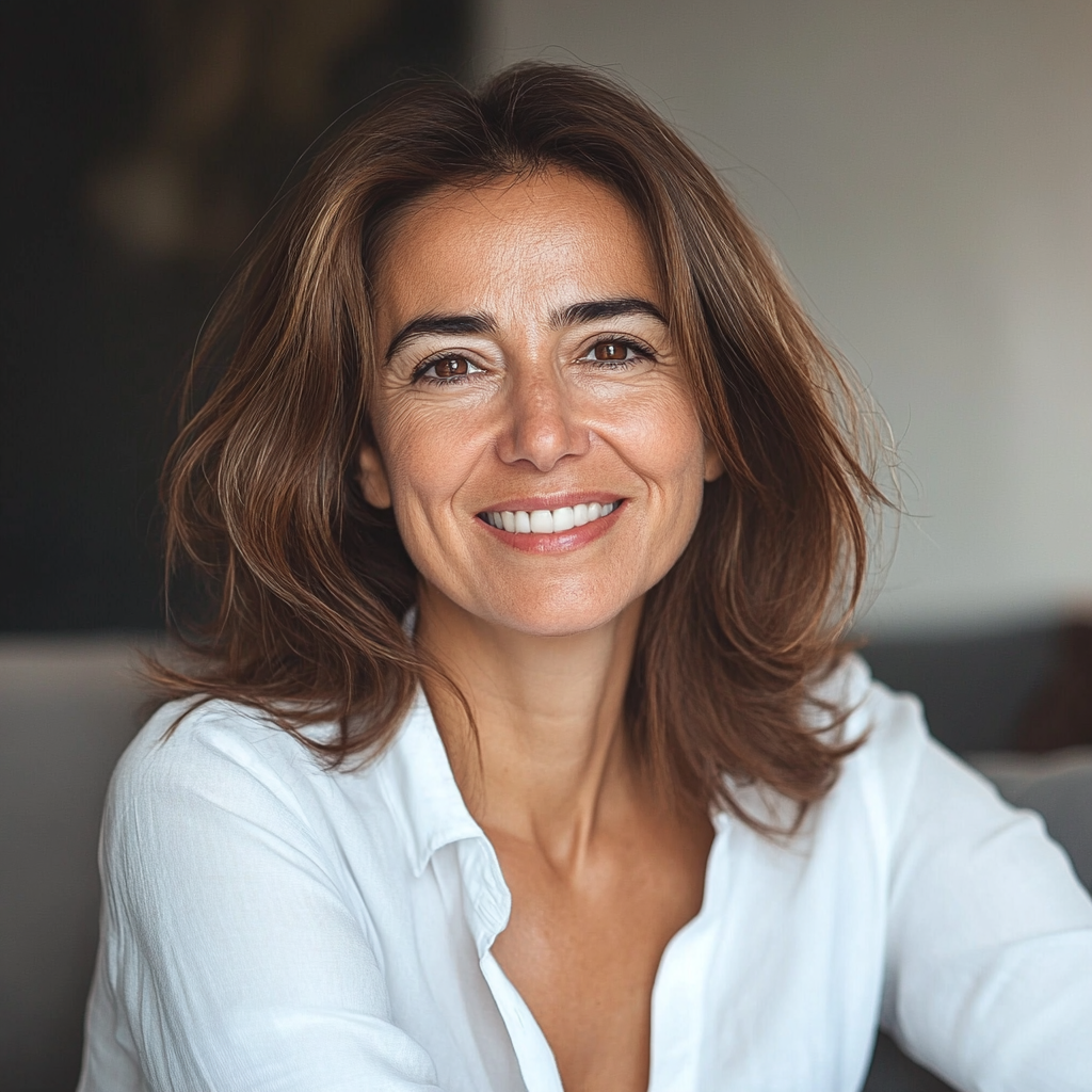 Smiling woman with shoulder-length brown hair wearing a white shirt, seated indoors.