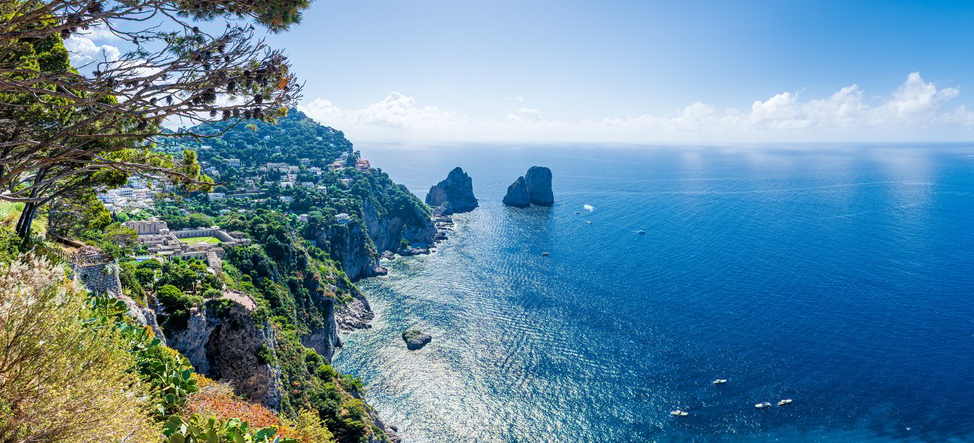 Panoramic aerial view of Capri island from Punta Cannone viewpoint, Campania, Italy