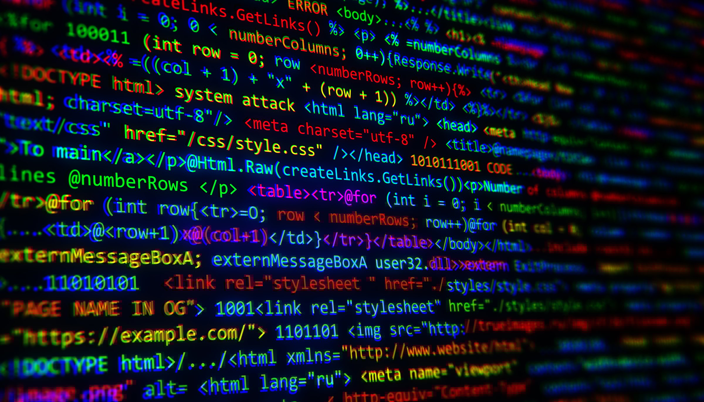Programming code lines in vibrant colors on a black digital screen, showcasing software development and coding concepts in a modern tech style. 3D Rendering.