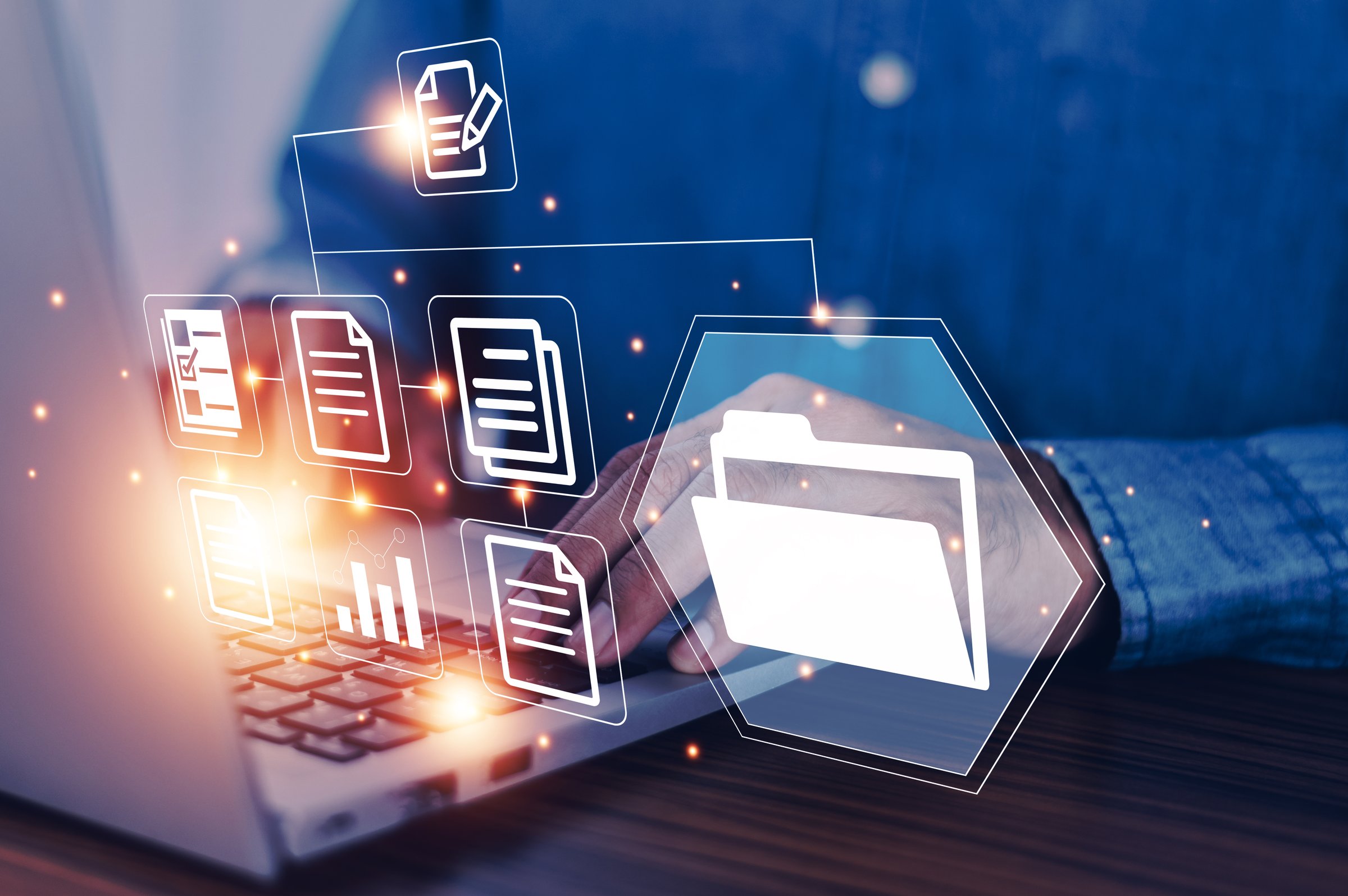 Document management concept, Businessman using computer to document management concept, online documentation database and digital file storage system or software, records keeping, database technology