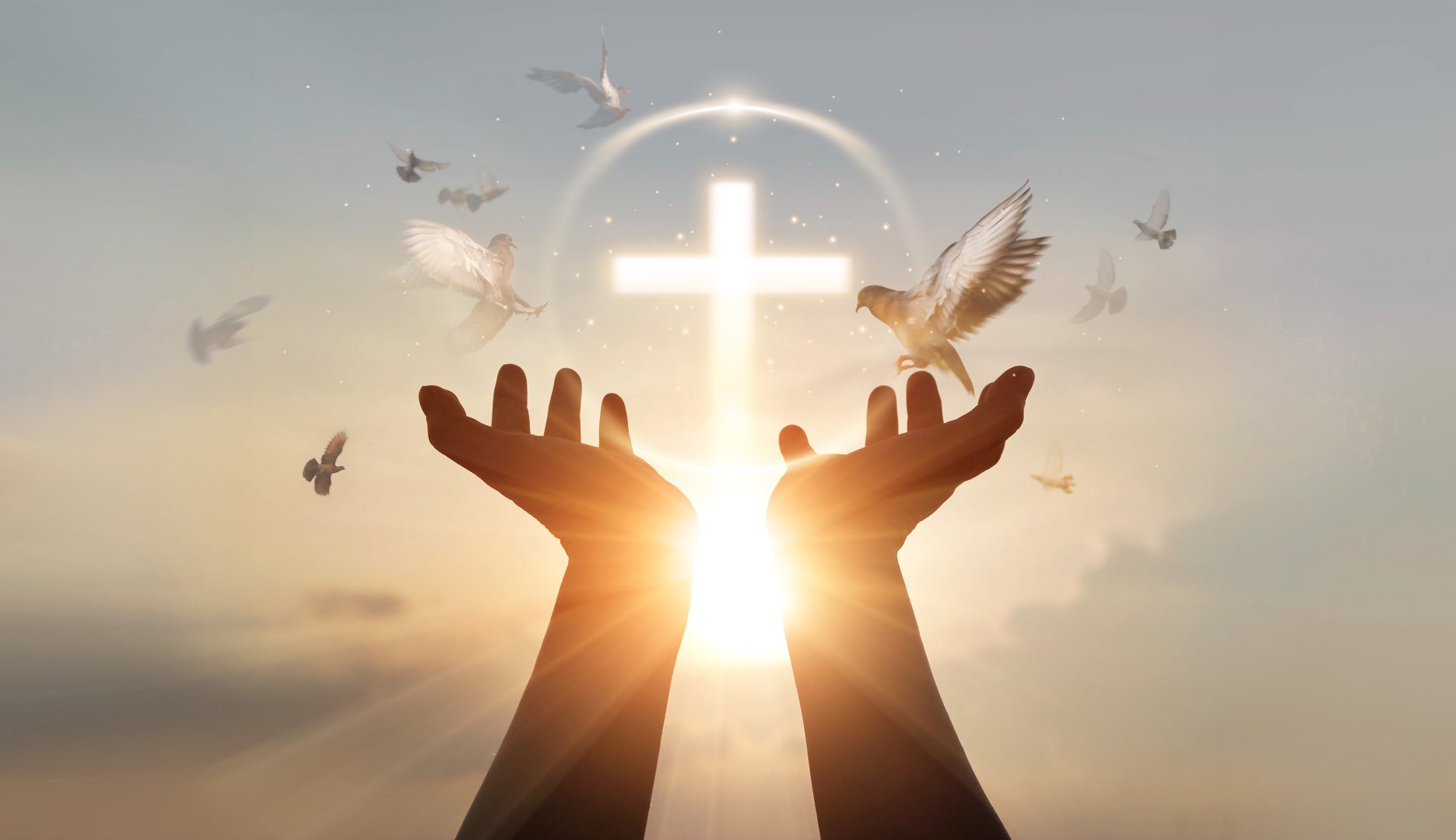 Man hands palm up praying and worship of cross, eucharist therapy bless god helping, hope and faith, christian religion concept on sunset background.