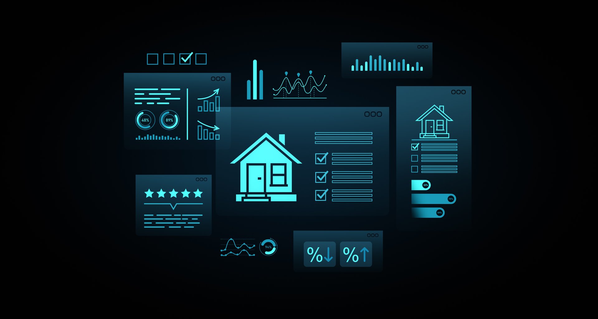 Futuristic 3D rendering of glowing digital dashboard interface with house icon, charts, checklists, and data UI elements on dark background, concept of analytics