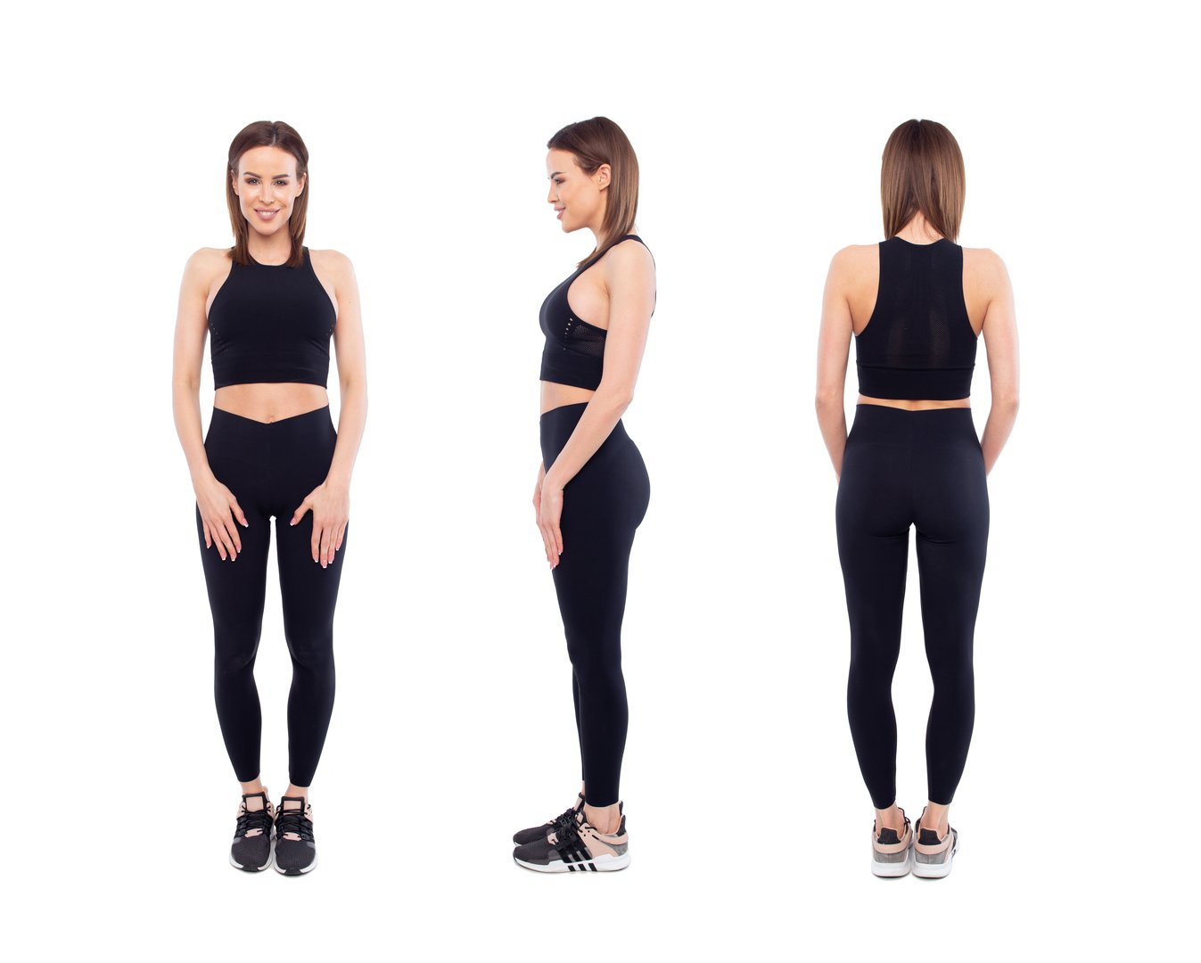 Young woman in sportswear standing front, side, back view, isolated on white background