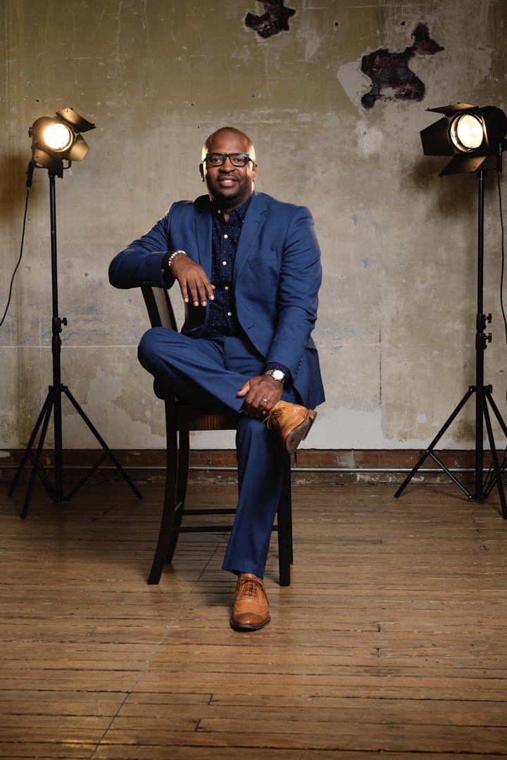 Modern podcast recording studio with professional lighting