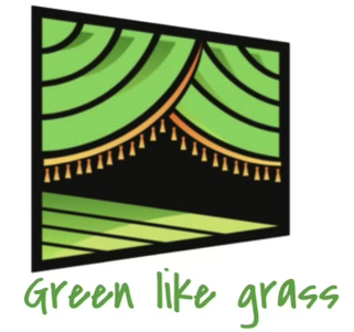 Green stage curtain illustration with text Green like grass below. The curtain has a stylized design and tassels.