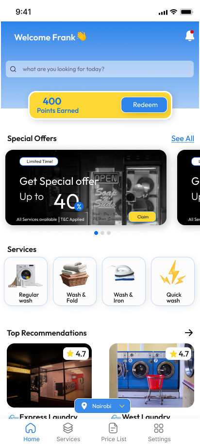 Mobile app homepage showcasing laundry services, special offers, and user points. Features search bar and navigation icons.