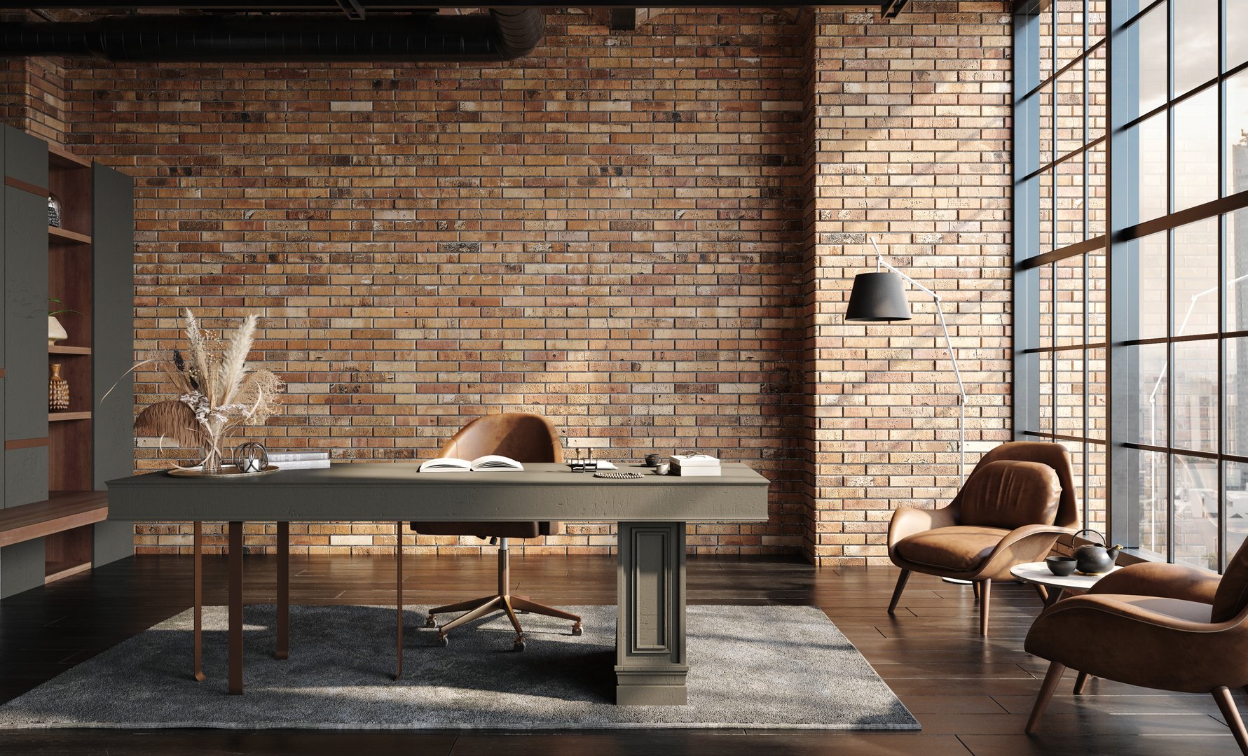 Modern office interior in loft, industrial style, 3d render