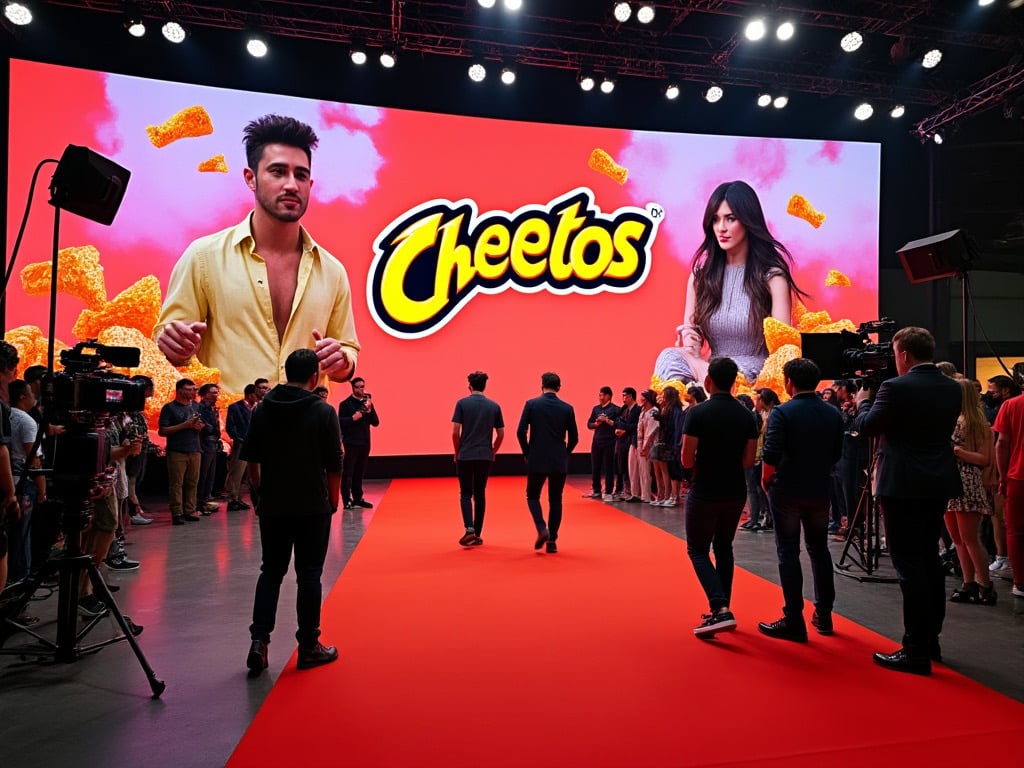 People walk on a red carpet at a Cheetos event with a large screen displaying the Cheetos logo and images of models.