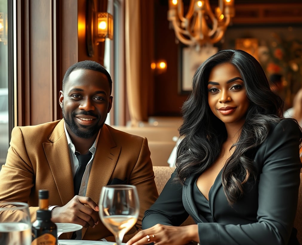 A well-dressed couple sitting at a restaurant table, smiling, with elegant decor in the background.
