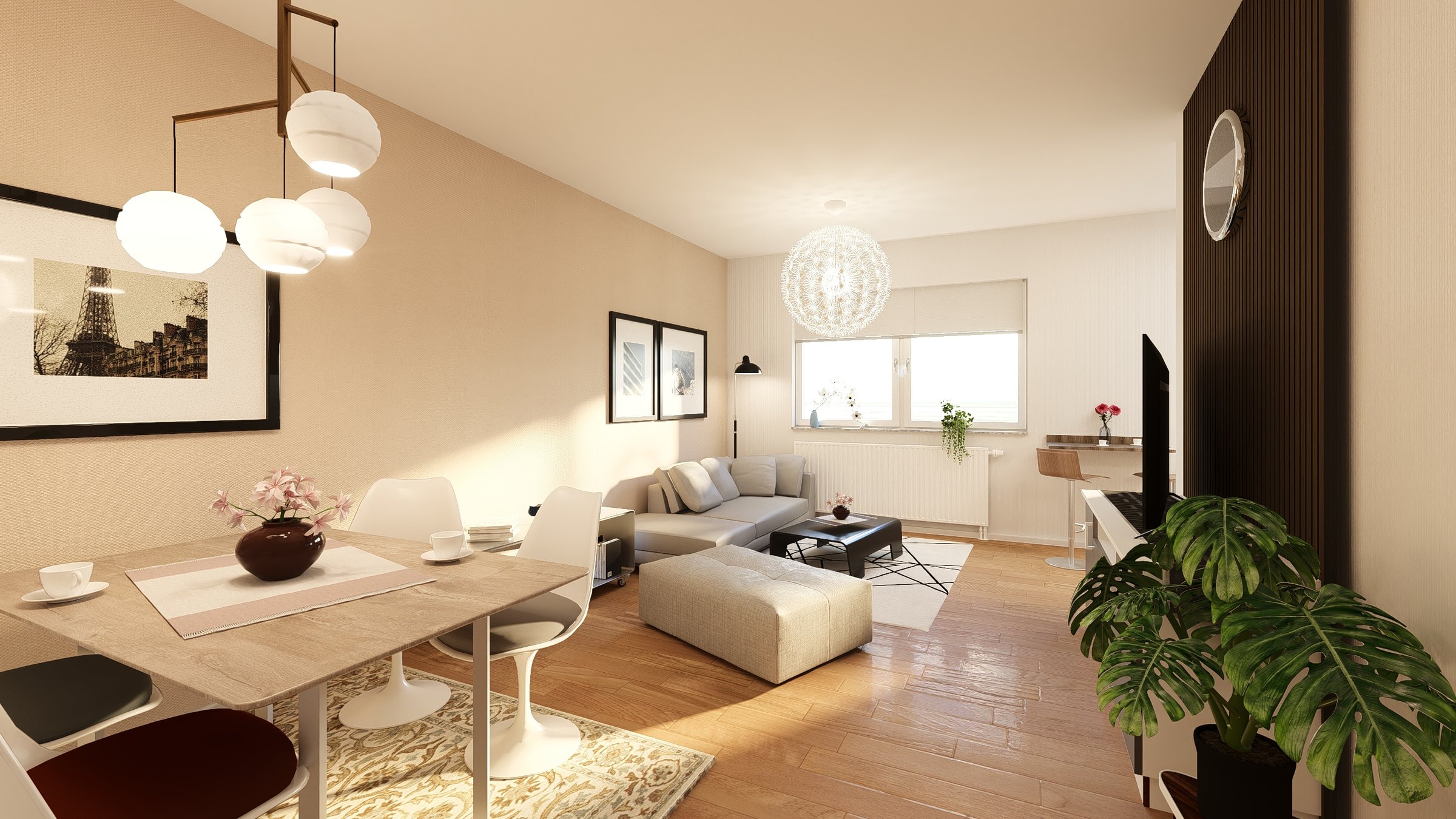 3D-Wohnzimmervisualisierung Leipzig – helle moderne Räume